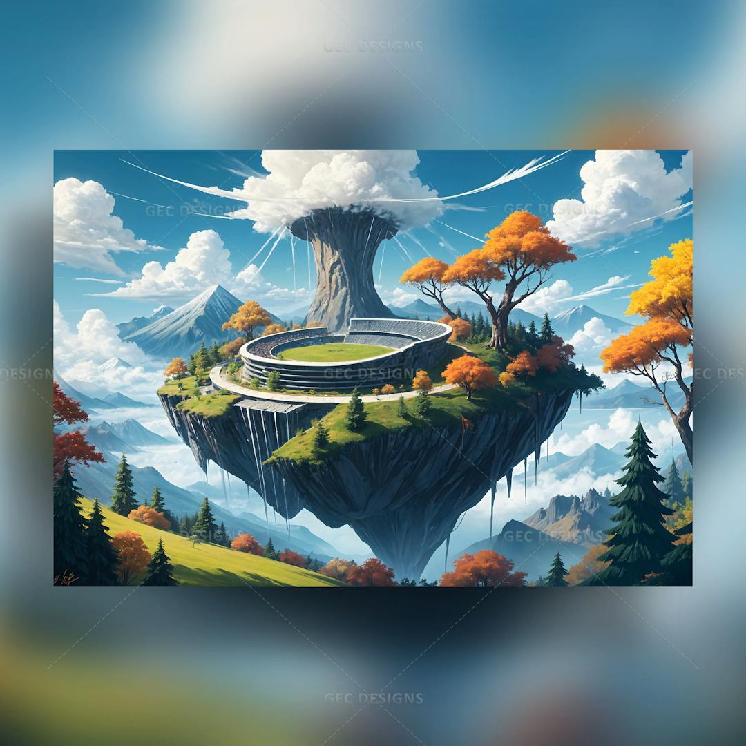 Football stadium in a fantasy floating island wallpaper with clouds and sky background