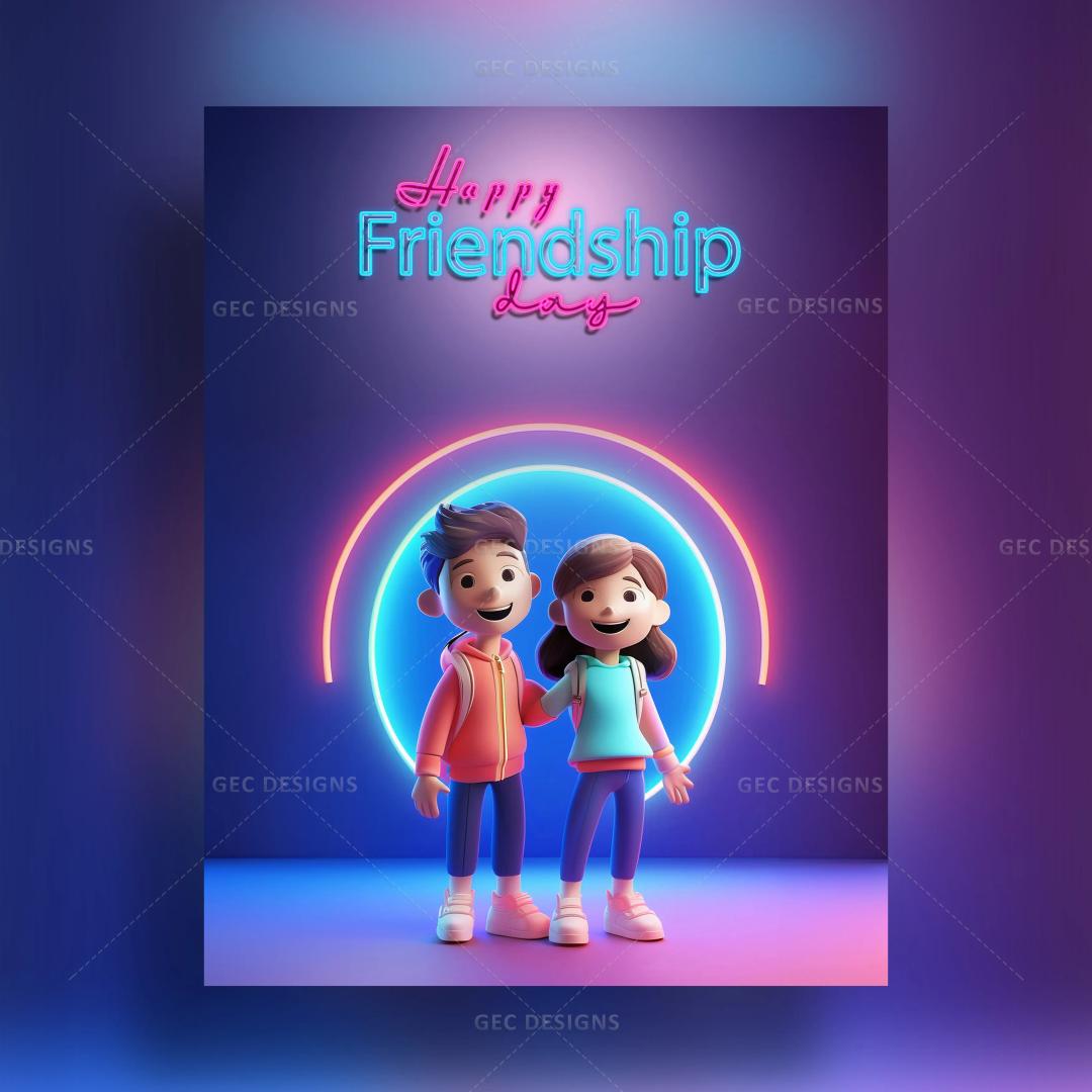 Friendship Day celebration poster of cute friends with neon effect wallpaper