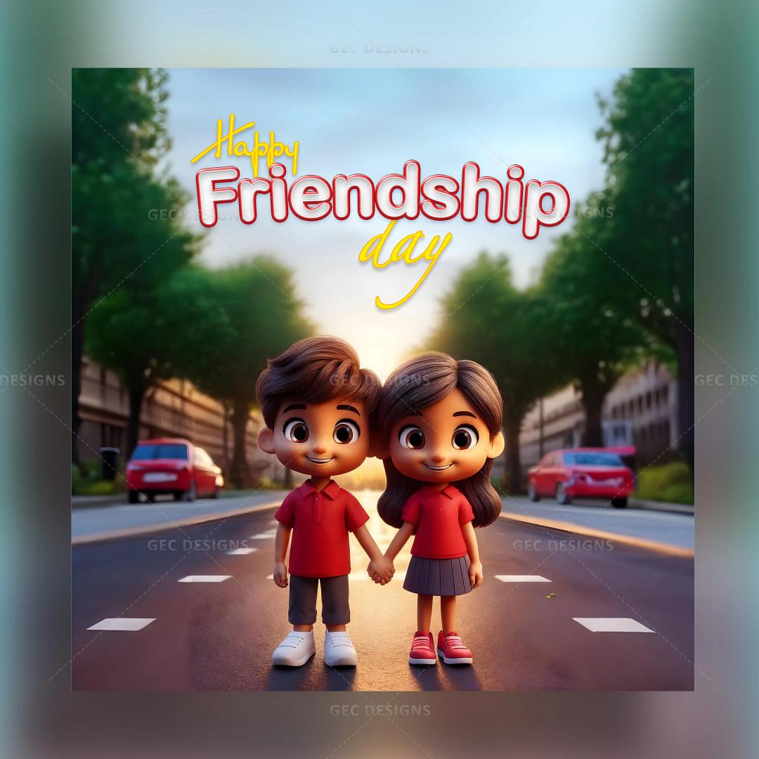 Friendship Day wallpaper, two cute little 3D Anime friends holding hands, sunset background