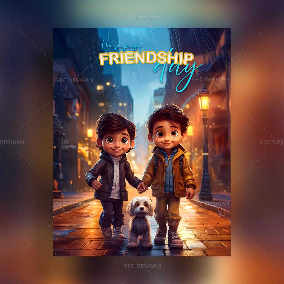 Friendship Day wallpaper, two friends walking along the street with a cute puppy