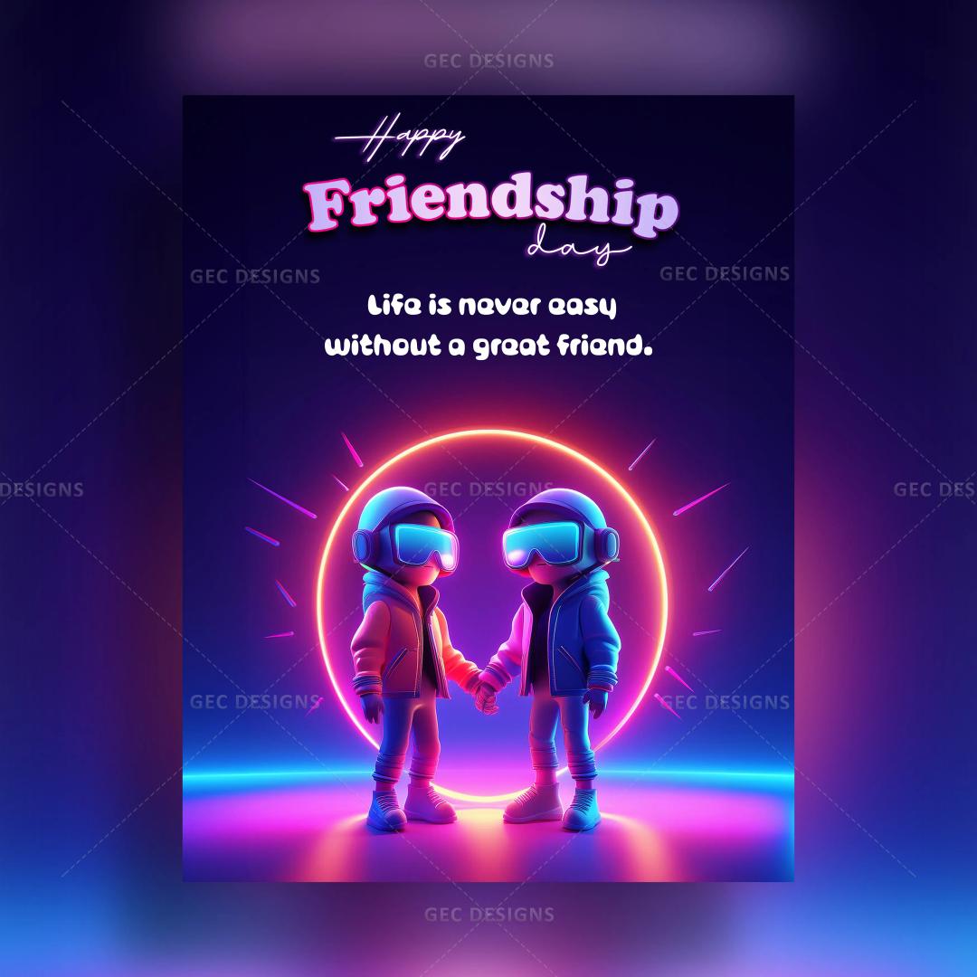 Friendship day wallpaper with Friendship quotes, Friends holding hands and wearing virtual glasses with neon effect background