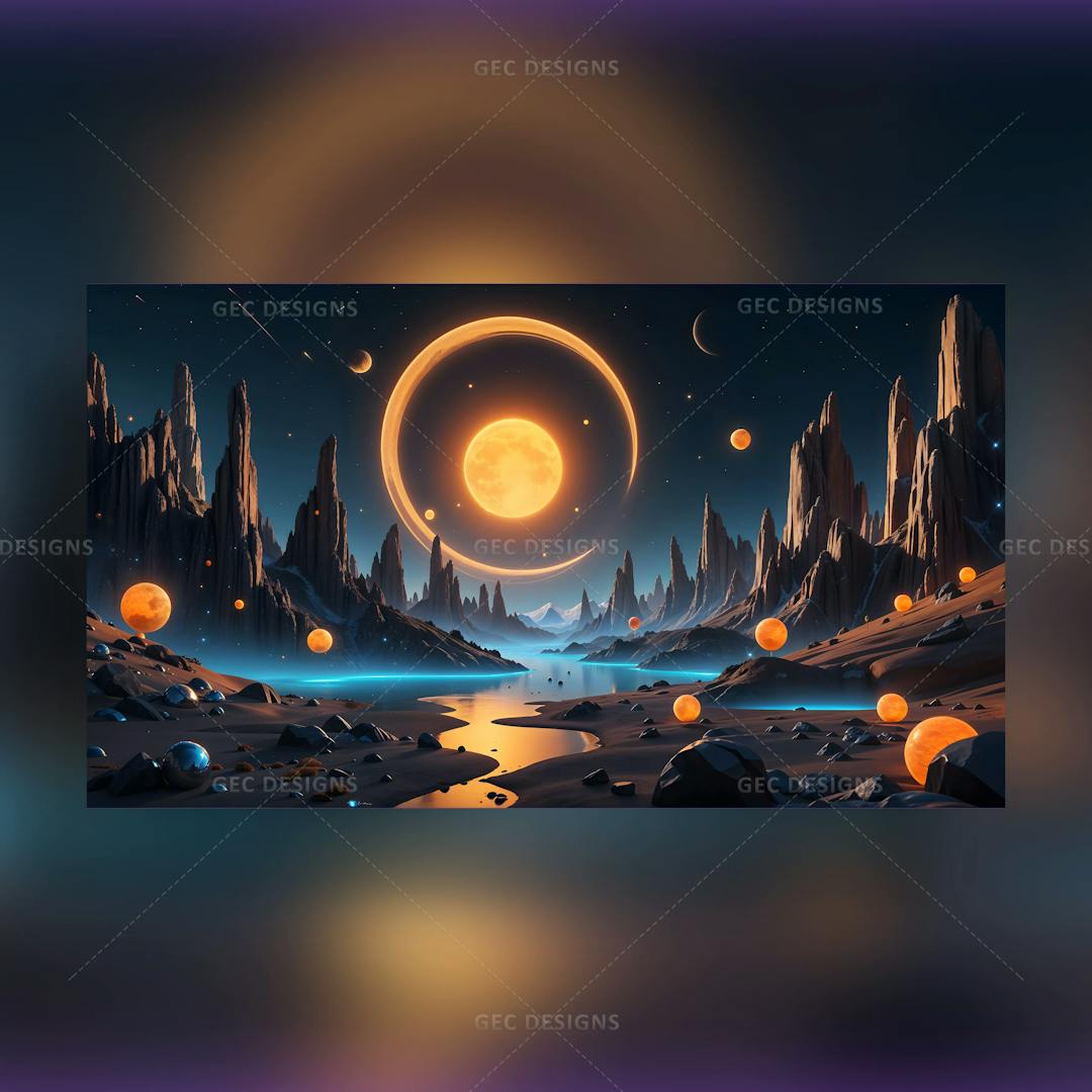 Futuristic Alien Planet AI Generated wallpaper with jagged mountains and celestial sky background digital art illustration