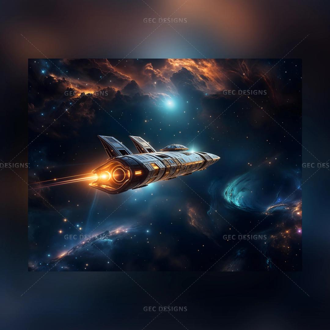 Futuristic spaceship flying in deep galaxy universe wallpaper