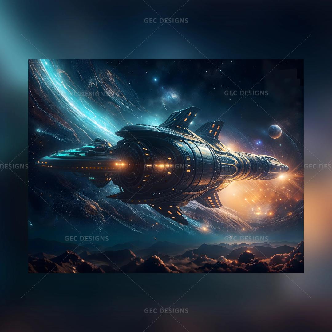 Futuristic spaceship flying in deep space wallpaper