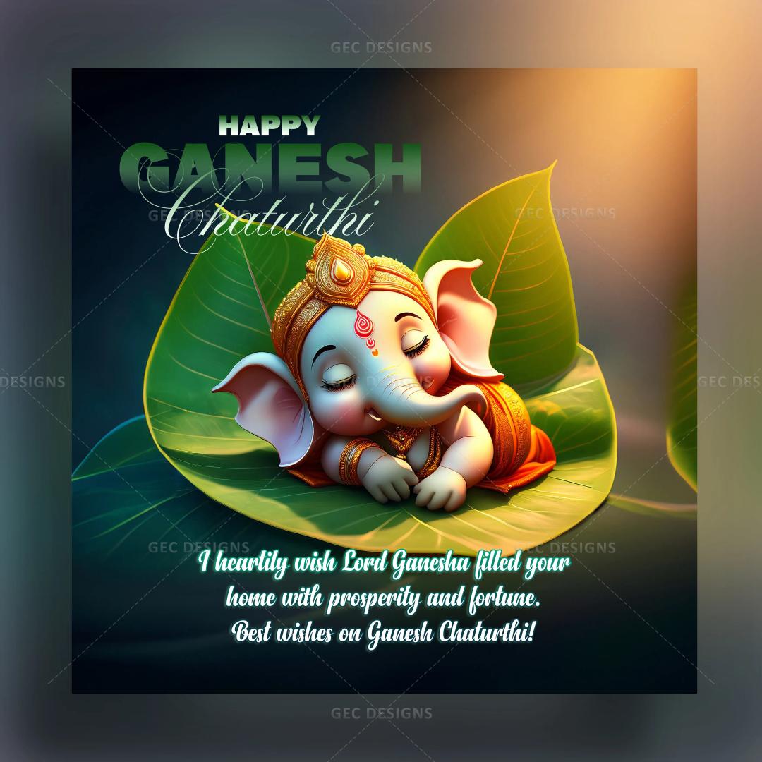 Ganesh Chaturthi greetings, wishes, and quotes with beautiful lord Ganesha sleeping on a Peepal leaf image