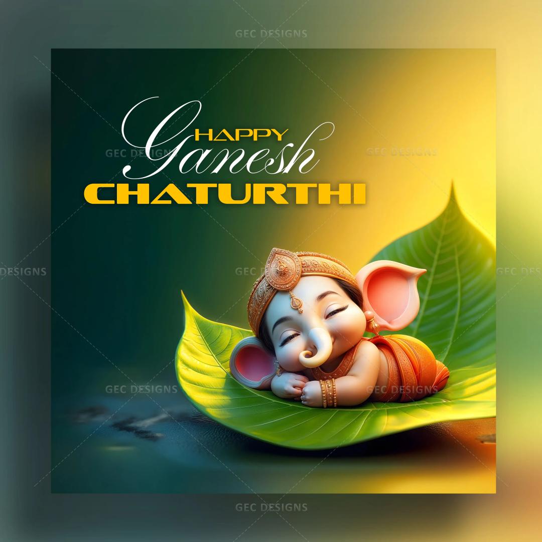 Ganesh Chaturthi poster image, Little cute lord Ganesh sleeping on a Peepal leaf