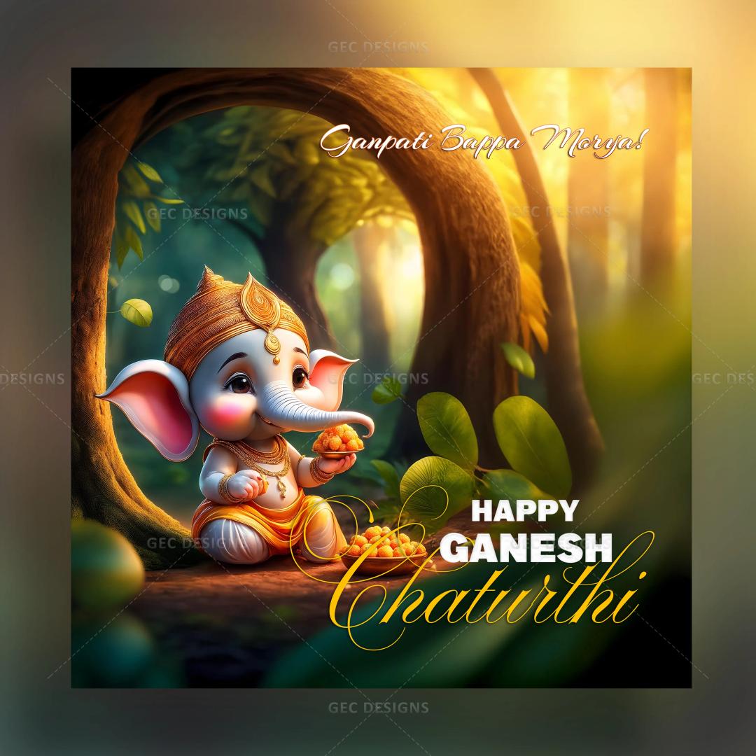 Ganesh Chaturthi wishes with quotes, little lord Ganesha eating Modak in the forest background wallpaper