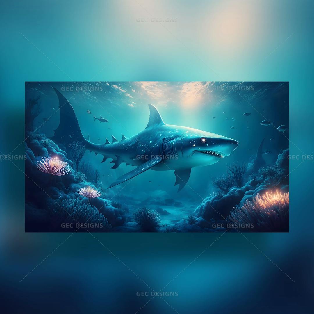 Great white shark underwater with beautiful coral reef background HD AI Generated wallpaper