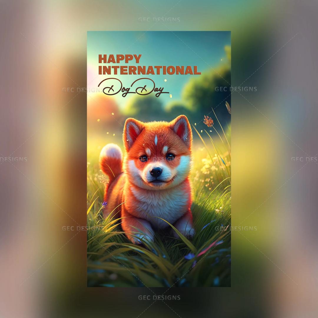 Happy baby puppy, cute little Shiba inu puppy playing in grass AI generated wallpaper, Happy International Dog Day image