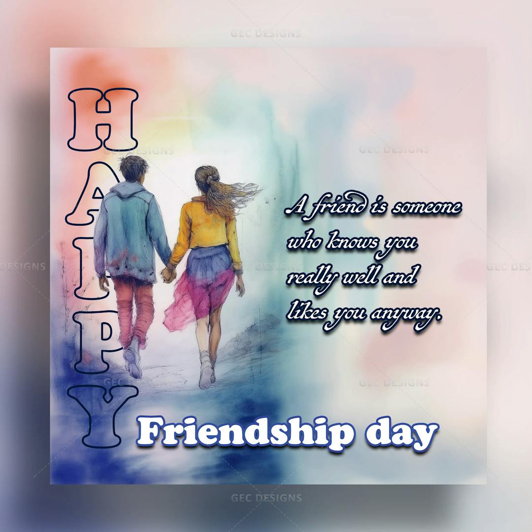 Happy Friendship Day wallpaper featuring a cute boy and girl holding hands, along with a friendship quote