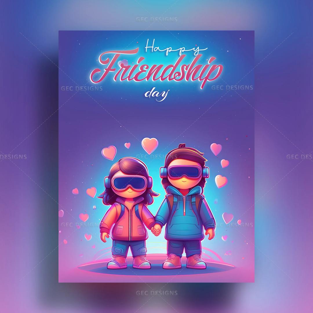 Happy Friendship Day wallpaper with 3D cartoon vector illustration of cyberpunk friends holding hands