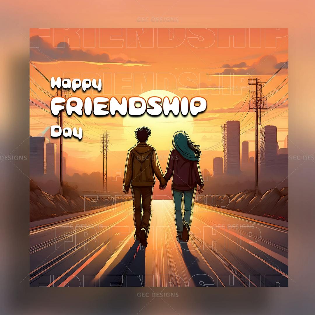 Happy Friendship Day wallpaper with a boy and girl, set against a sunset background