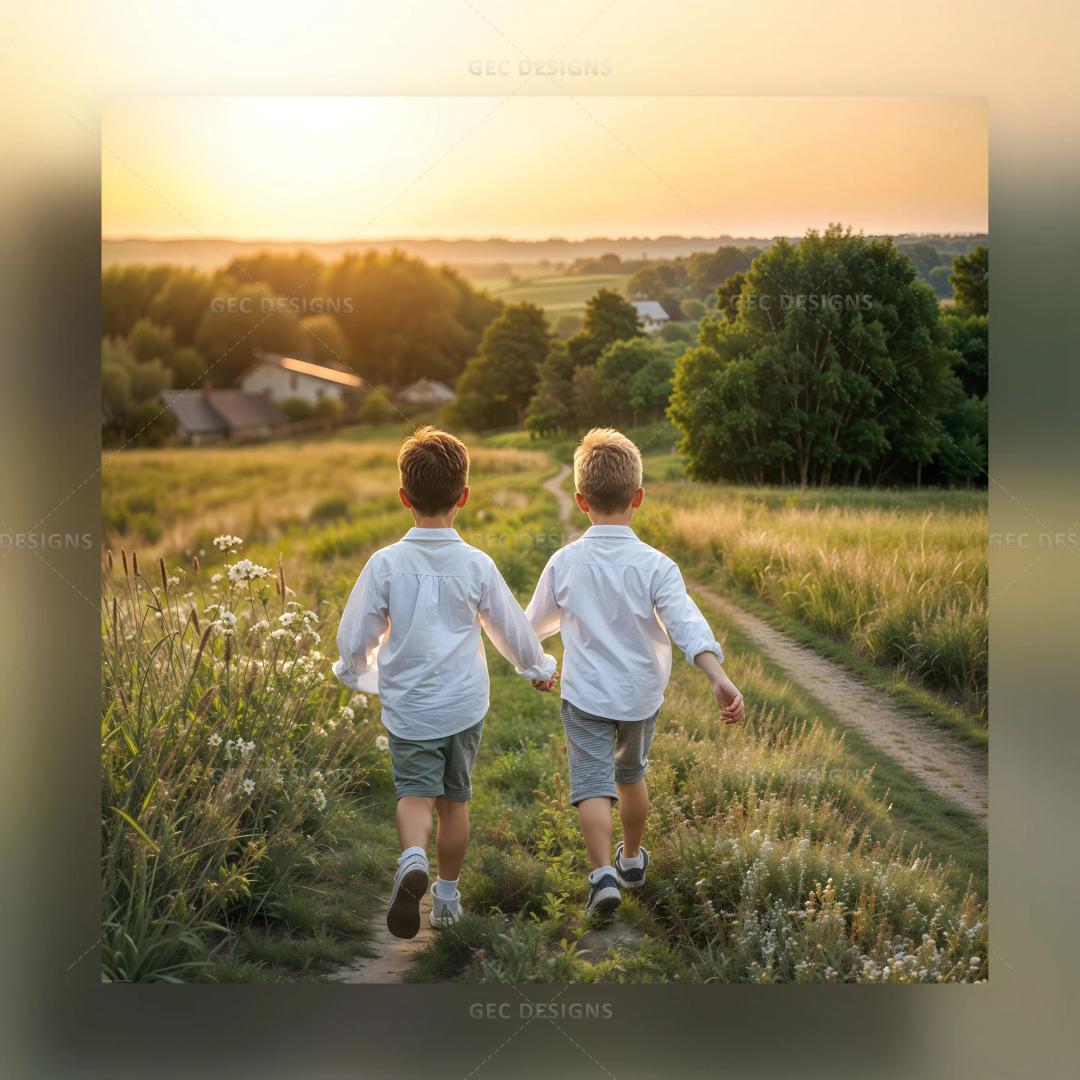 Happy Friendship Day wallpaper with two cute little boys holding hands and walking a rural landscape, sunset background