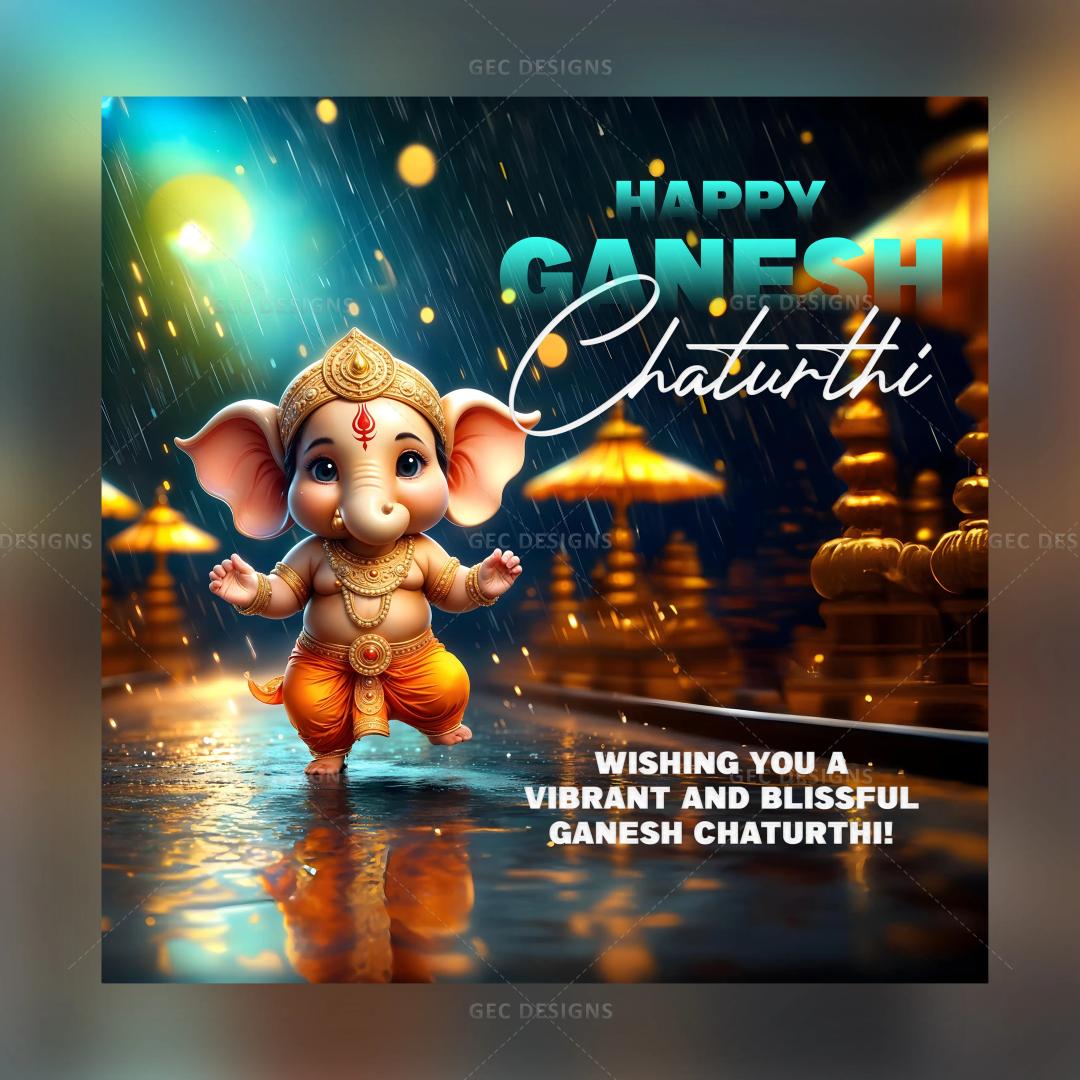 Happy Ganesh Chaturthi cute adorable Lord Ganesh dancing in the rain poster image