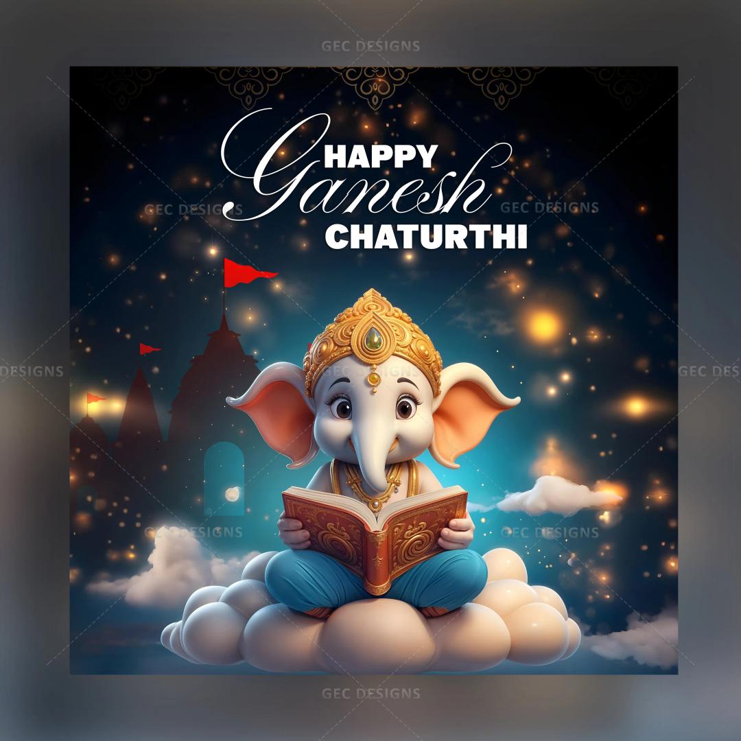 Happy Ganesh Chaturthi greetings, cute lord Ganesha reading a book in a temple background wallpaper