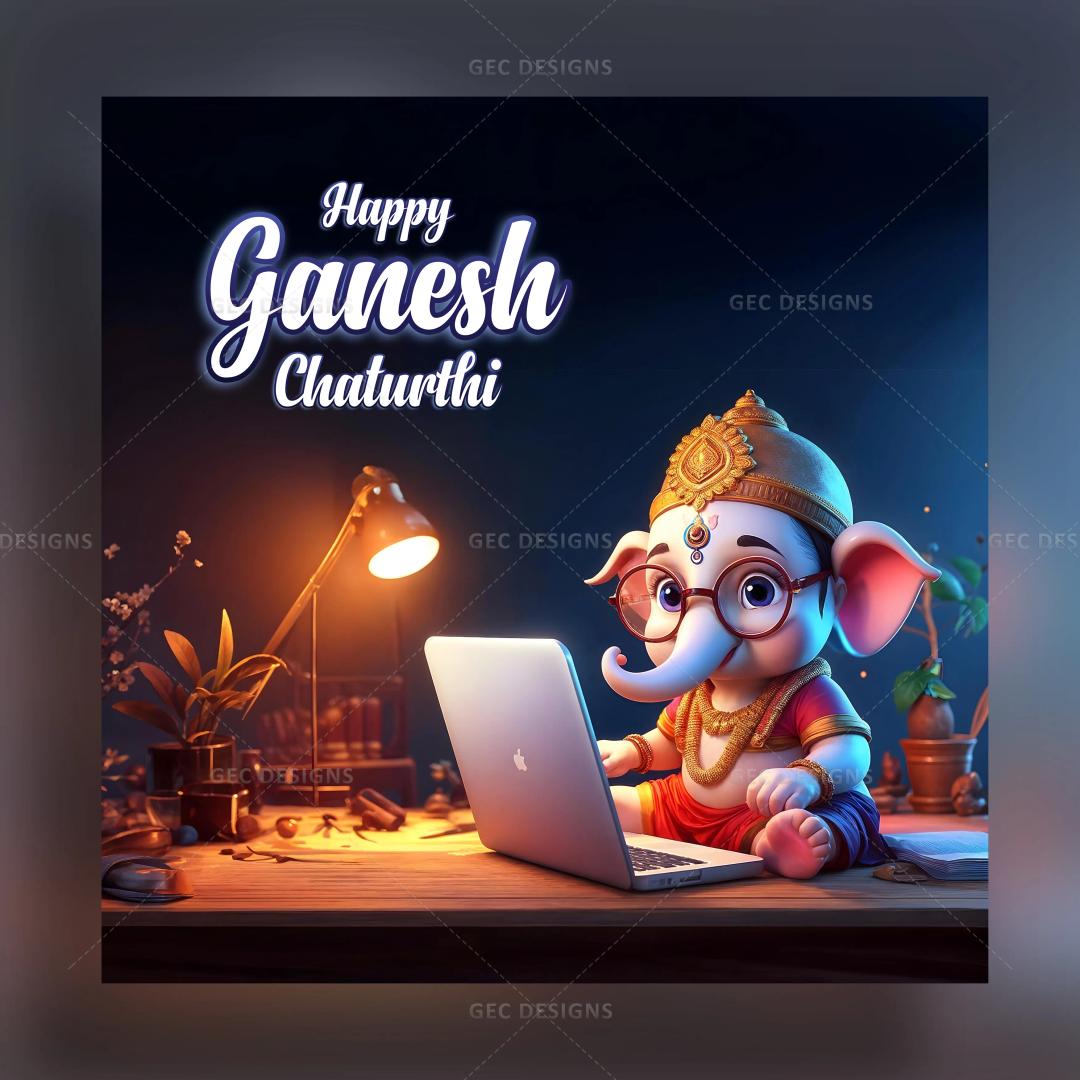 Happy Ganesh Chaturthi images, cute modern lord Ganesha working on the computer with spectacles wallpaper