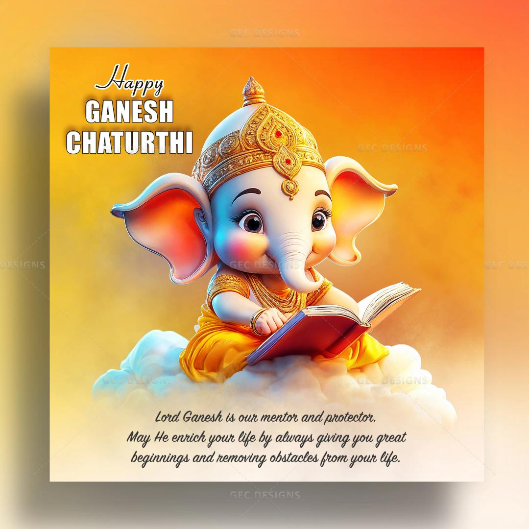 Happy Ganesh Chaturthi wishes with quotes, attractive animated lord Ganesha reading a book in a vibrant background