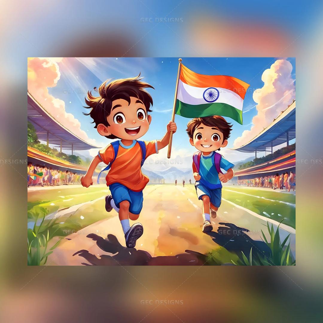 Happy Independence Day, Children holding the Indian flag and running happily, anime concept AI Generated wallpaper