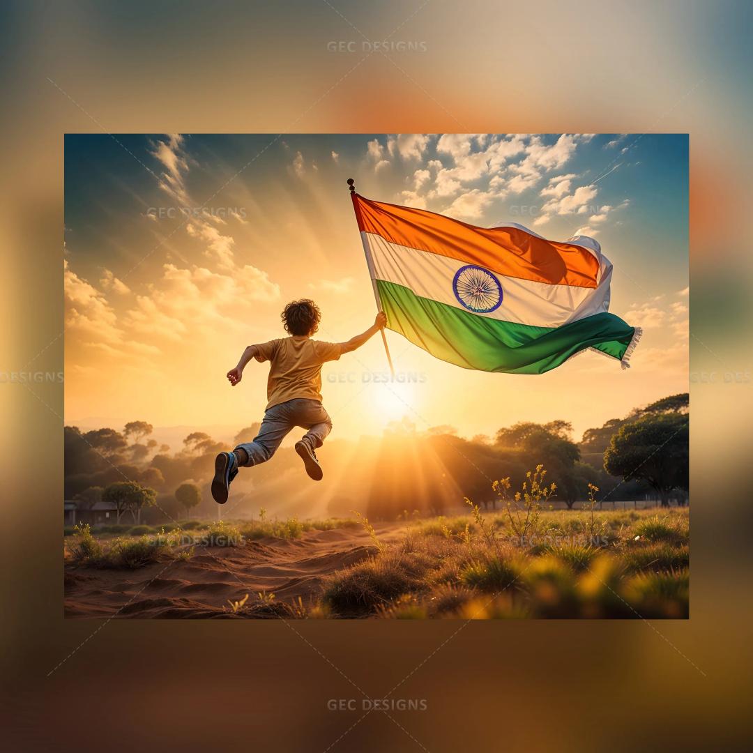 Happy Independence Day, Young boy holding the Indian flag and running happily AI Generated wallpaper