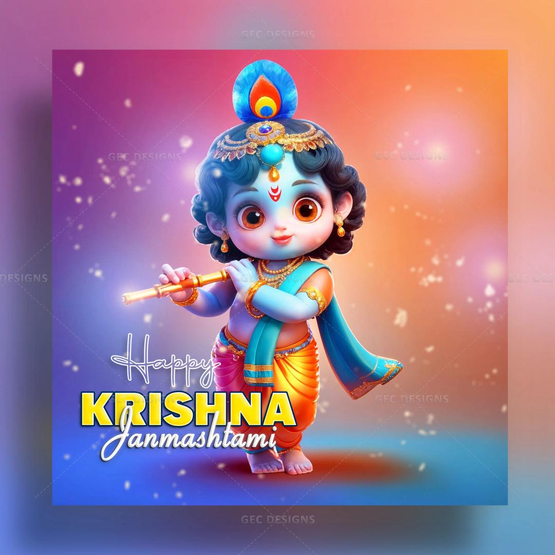 Happy Janmashtami wishes, attractive animated cute little Krishna with flute wallpaper