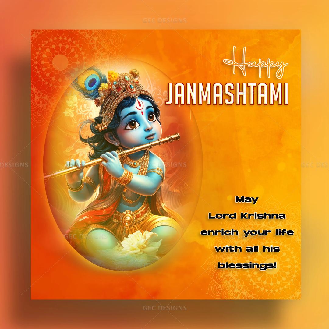 Happy Janmashtami wishes poster design with cute little Krishna and a quote