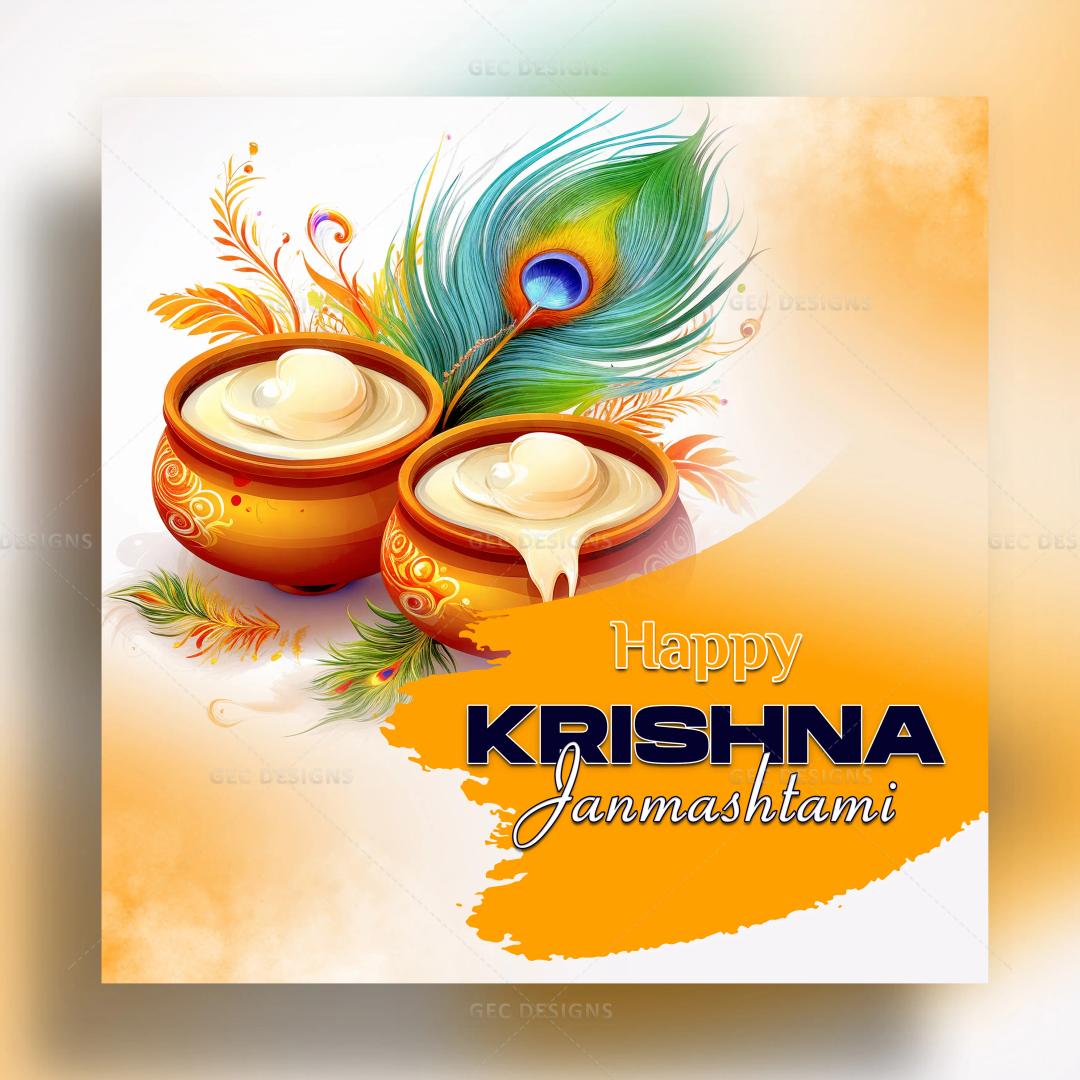 Happy Krishna Janmashtami 2024 poster, butter pot with peacock feather background wallpaper