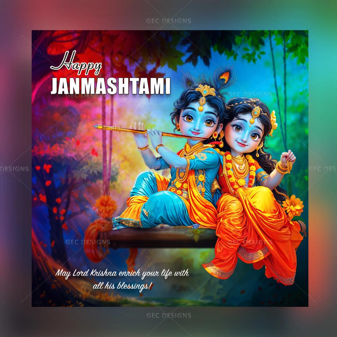 Happy Krishna Janmashtami 2024 poster, cute beautiful Radha Krishna high-quality wallpaper