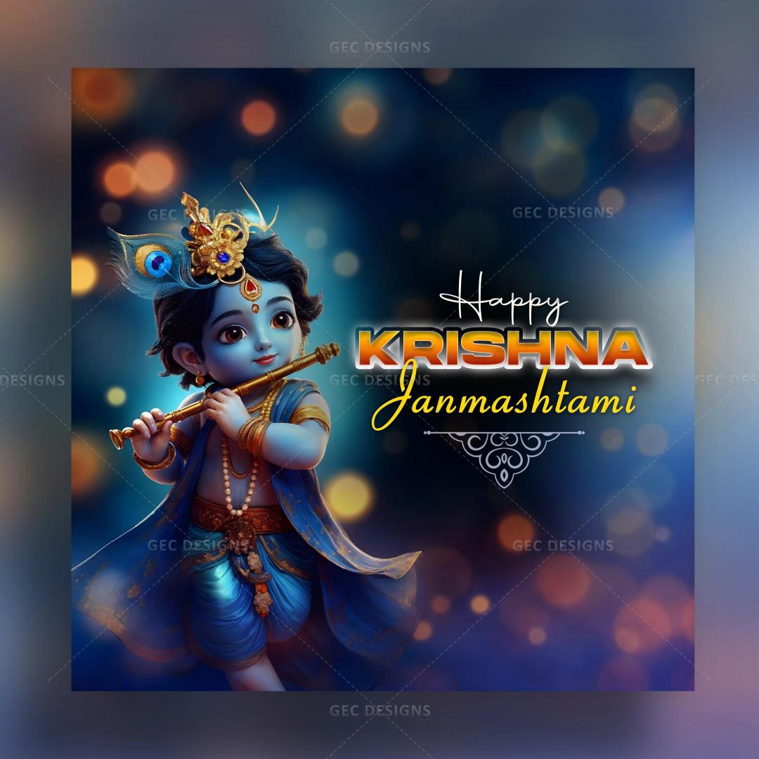 Happy Krishna Janmashtami 2024 poster design, Little blue Krishna with flute bokeh background wallpaper