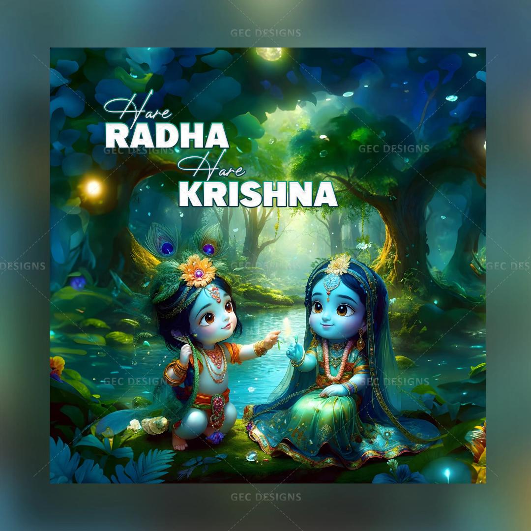 Happy Krishna Janmashtami 2024 wallpaper, anime cartoon cute little Radha and Krishna forest background