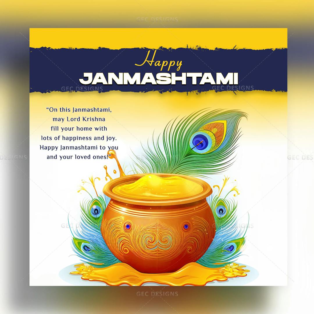 Happy Krishna Janmashtami wallpaper, Janmashtami wishes, quotes with butter pot and peacock feather HD poster image