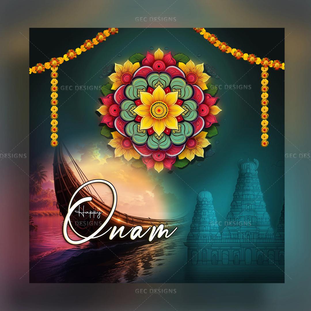 Happy Onam 2024, flower background with Onam wishes and greetings