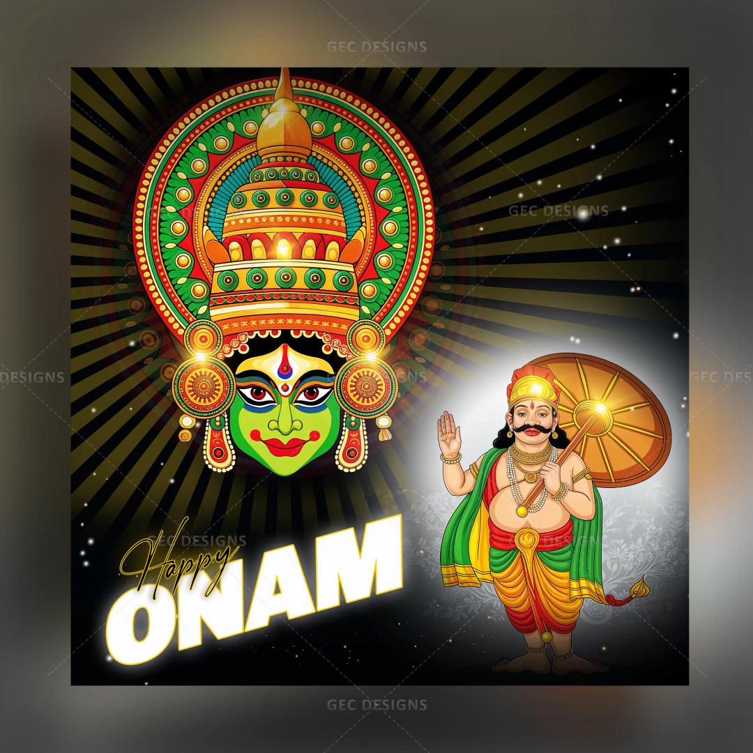 Happy Onam 2024, Kathakali face and King Mahabali background image