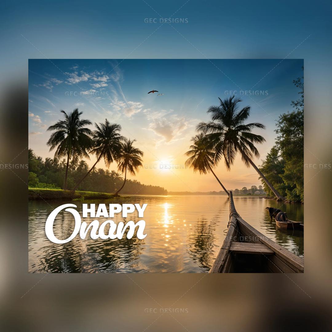 Happy Onam 2024, snake boat race and sunrise background image