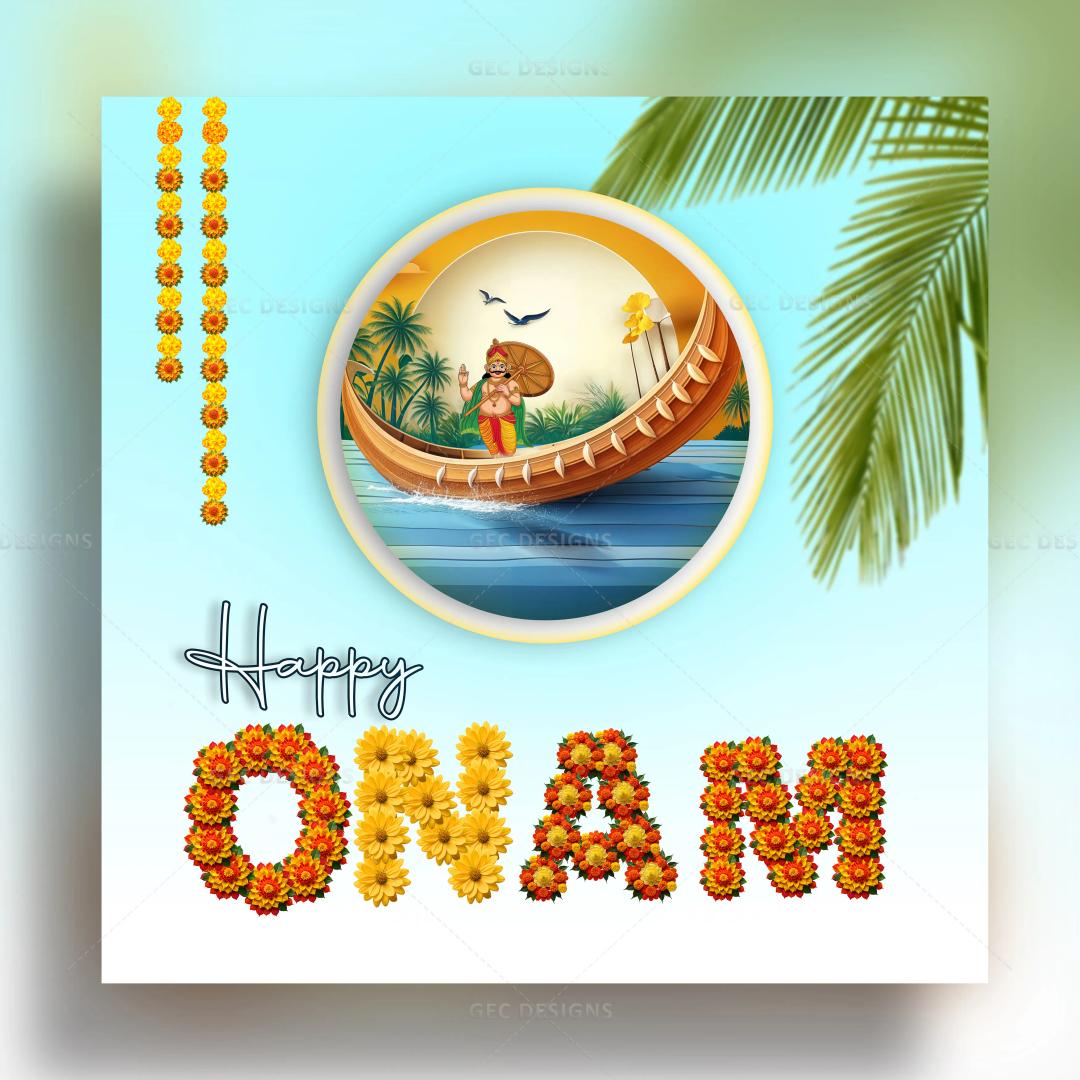 Happy Onam 2024, wishes and greetings with floral text effect background image