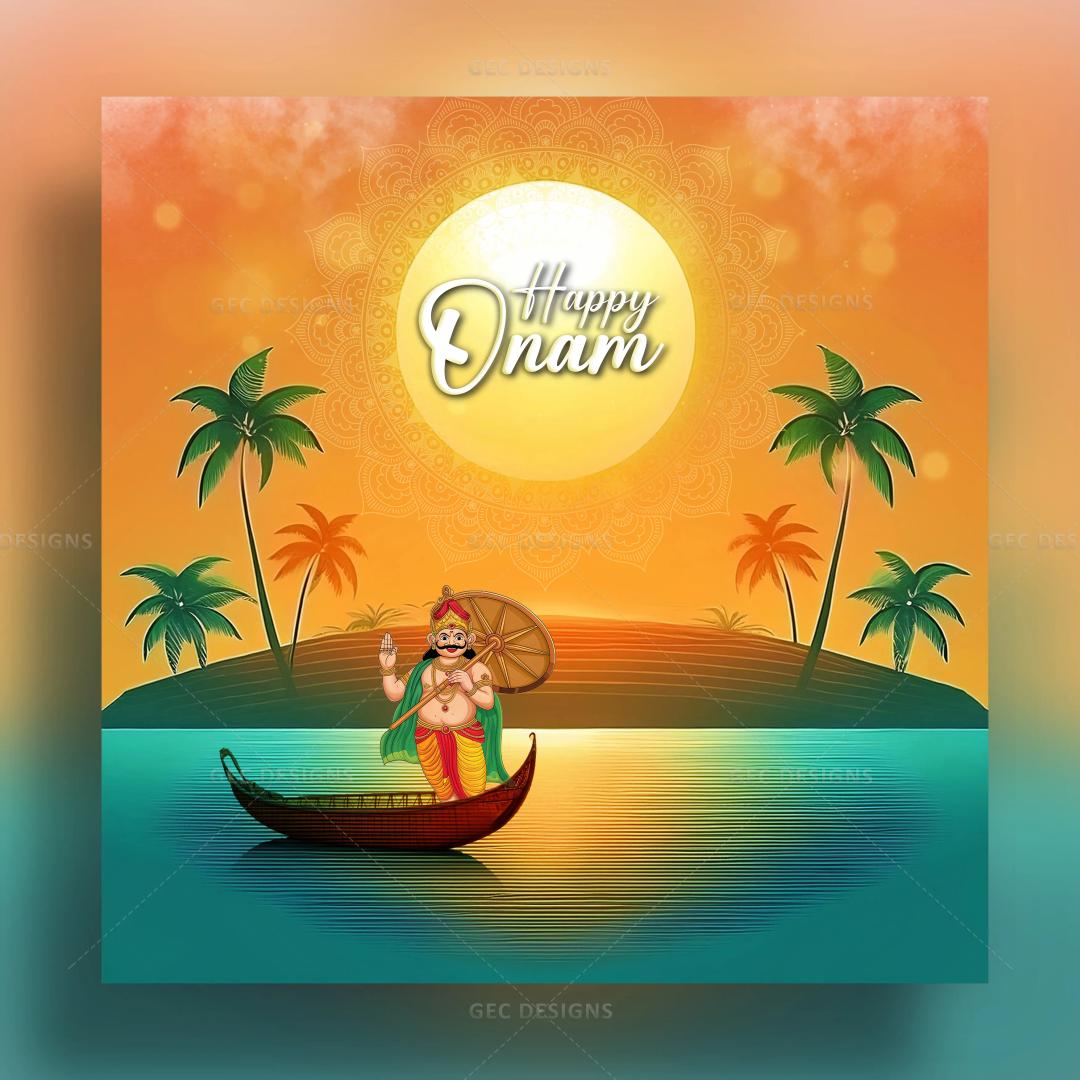 Happy Onam, Mahabali homecoming, coconut trees, and Sunrise background image