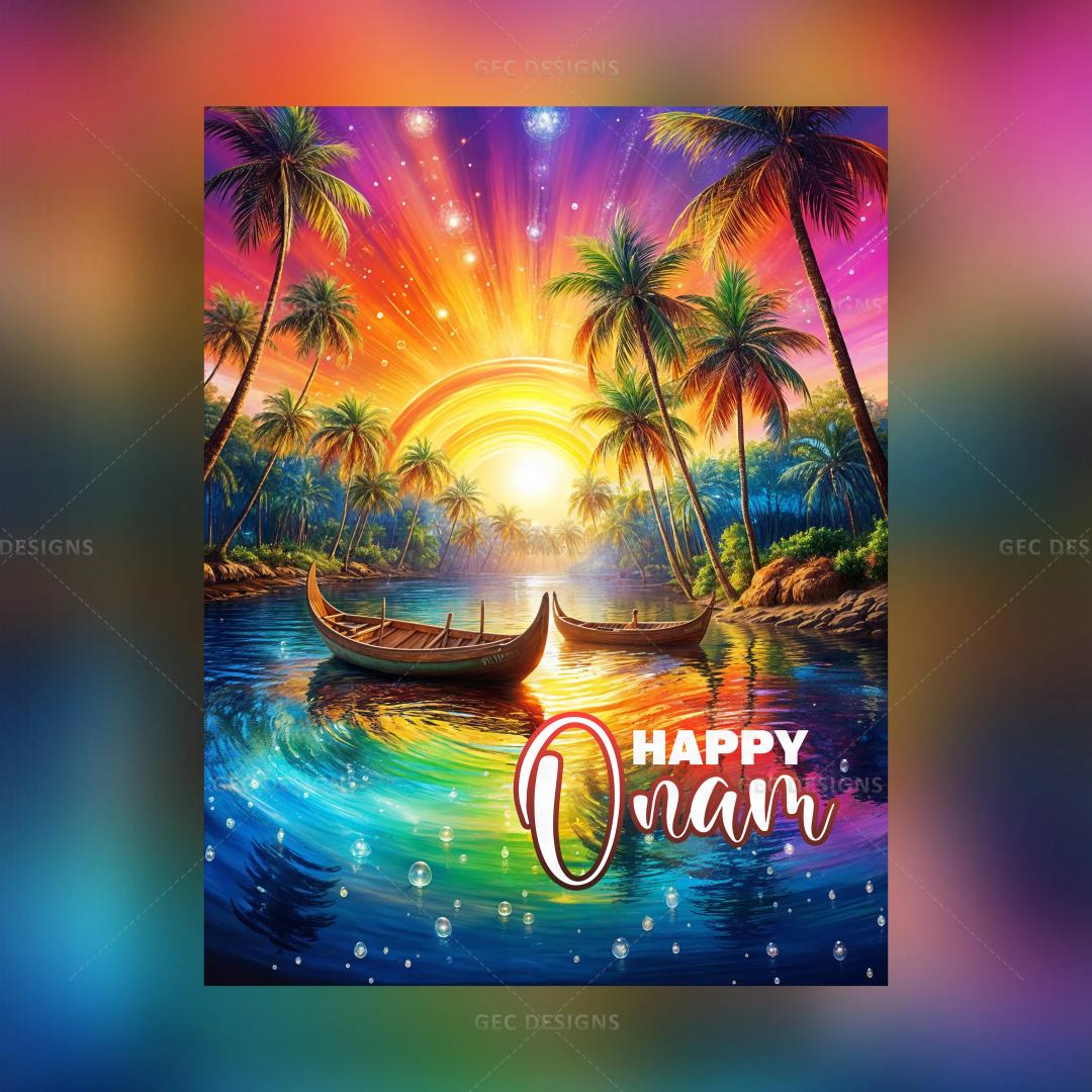 Happy Onam, Vallam kali or snake boat, coconut trees, and sunrise background with Onam wishes