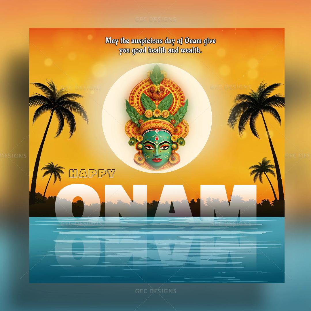 Happy Onam wishes, Kathakali face and sunrise background image