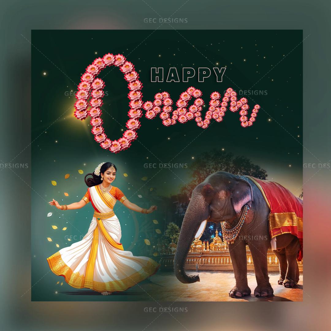 Happy Onam wishes with floral text effect image