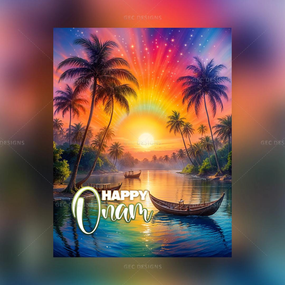 Happy Onam wishes with snake boat and sunrise background