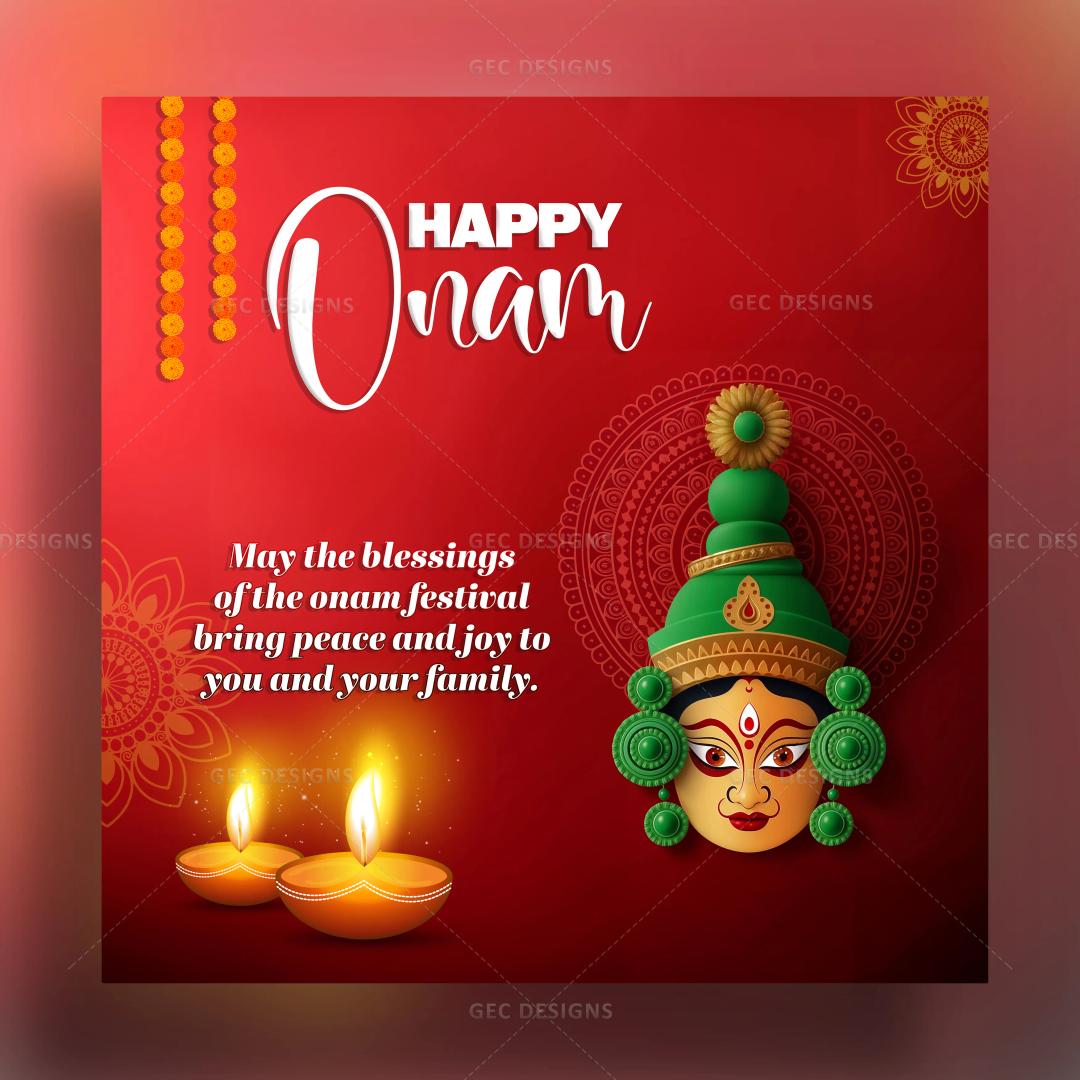 Happy Onam with Kathakali face and wishes background vector illustration