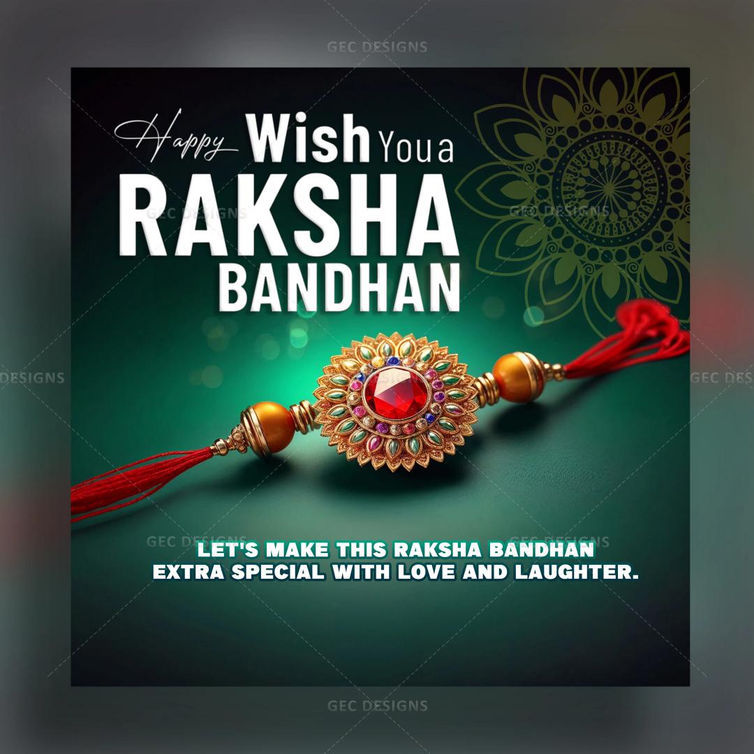 Happy Raksha Bandhan, glowing green theme, best wishes greeting poster design with AI Generated Rakhi