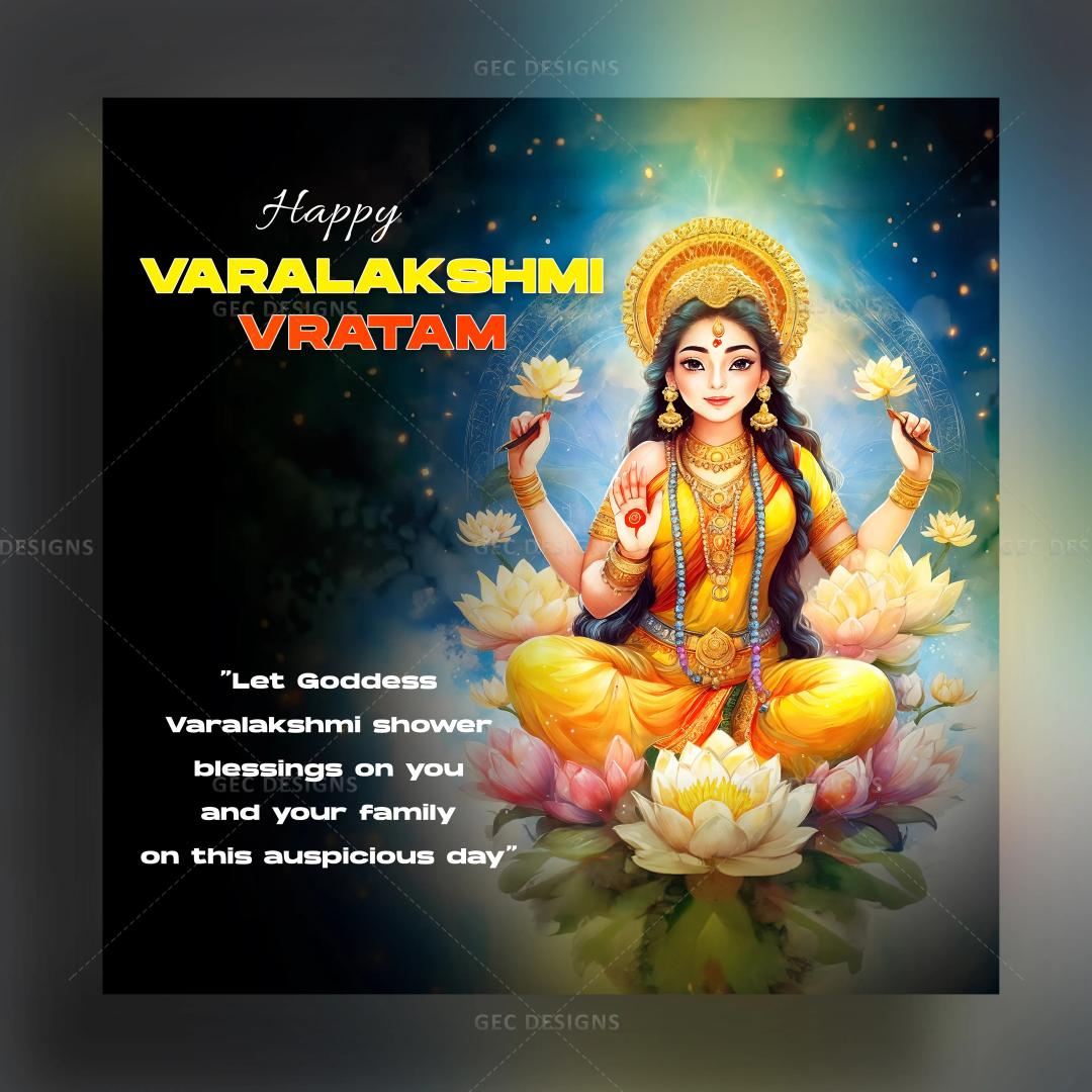 Happy Varalakshmi Vratham wishes poster with Yellow attire Mahalakshmi AI Generated wallpaper