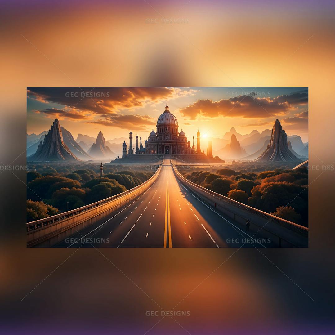 Highway leads to an ancient castle AI Generated wallpaper