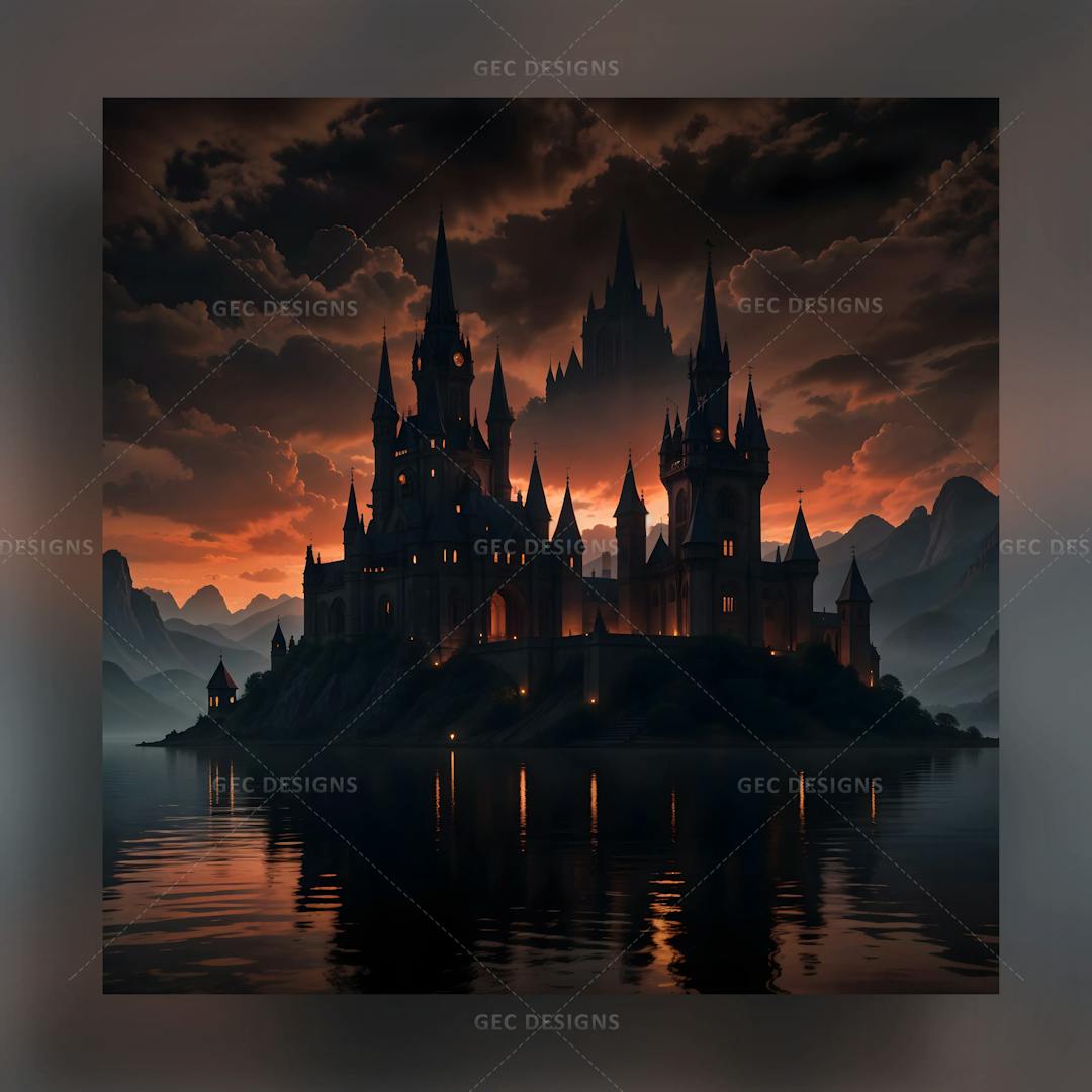 Horror theme castle surrounded by water night view AI Generated wallpaper