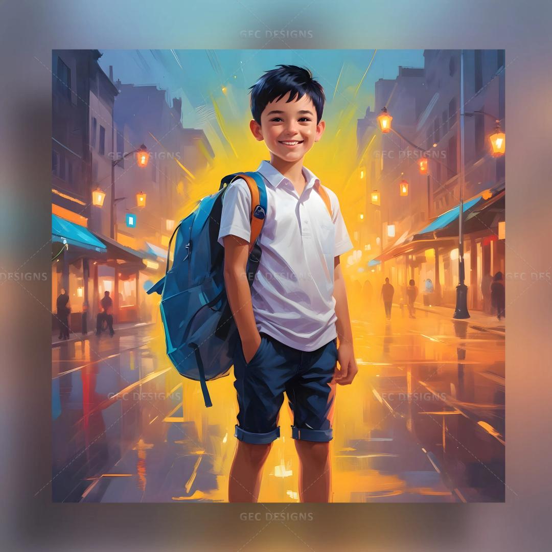 Hyper-realistic AI Generated school boy with backpack wallpaper against the city background