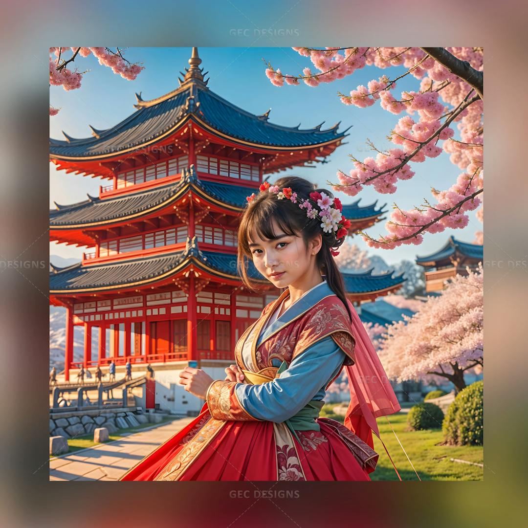 Hyper-realistic Japanese princess with traditional attire AI generated wallpaper, cherry blossom background