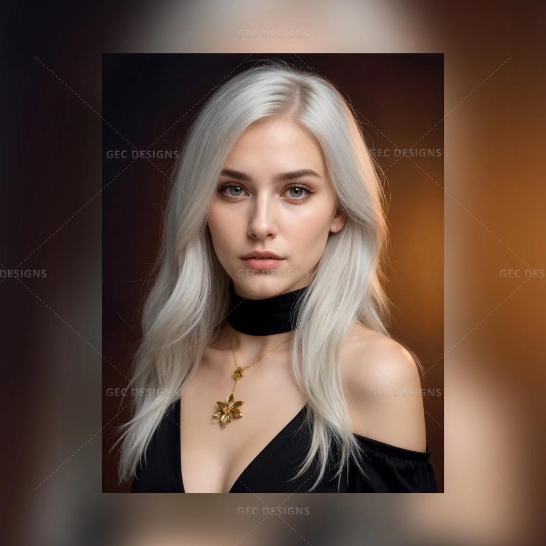 Hyper Realistic white girl in a black dress with white blonde hair AI Generated wallpaper image