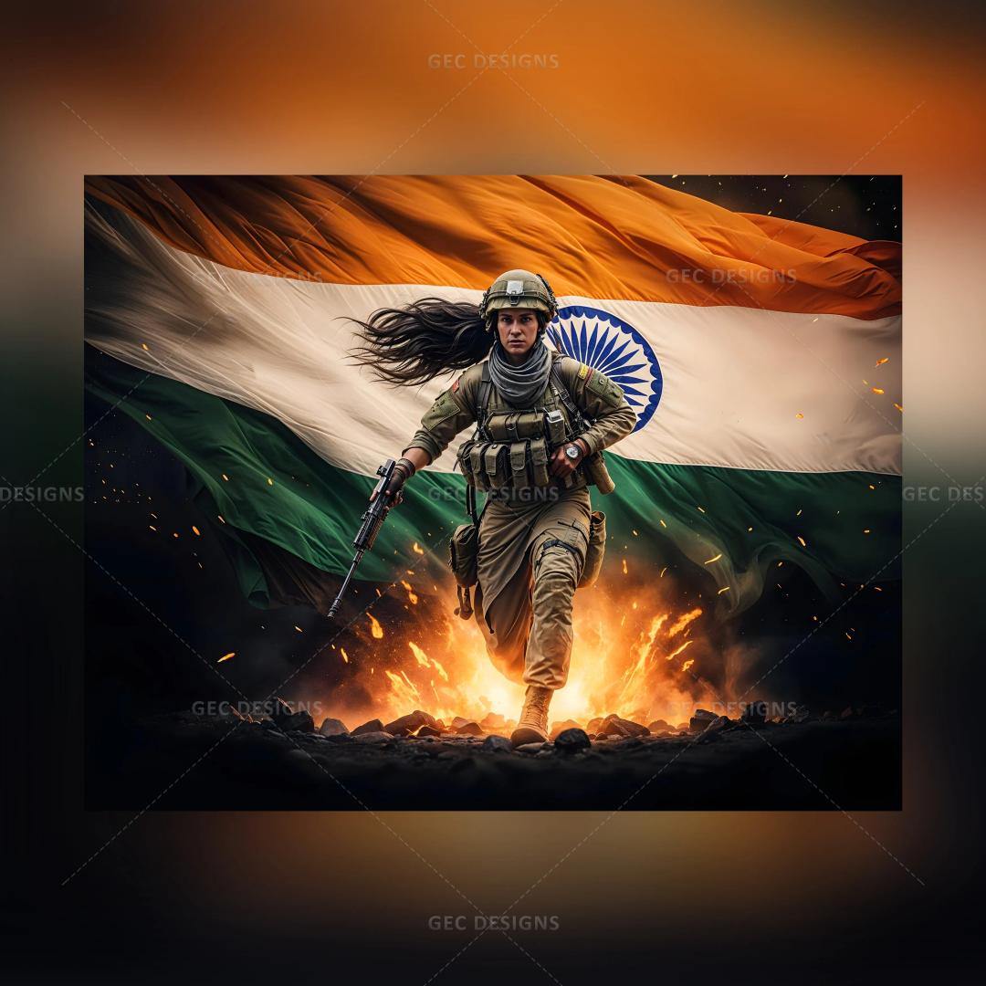 Indian army in action, Indian flag background AI Generated wallpaper