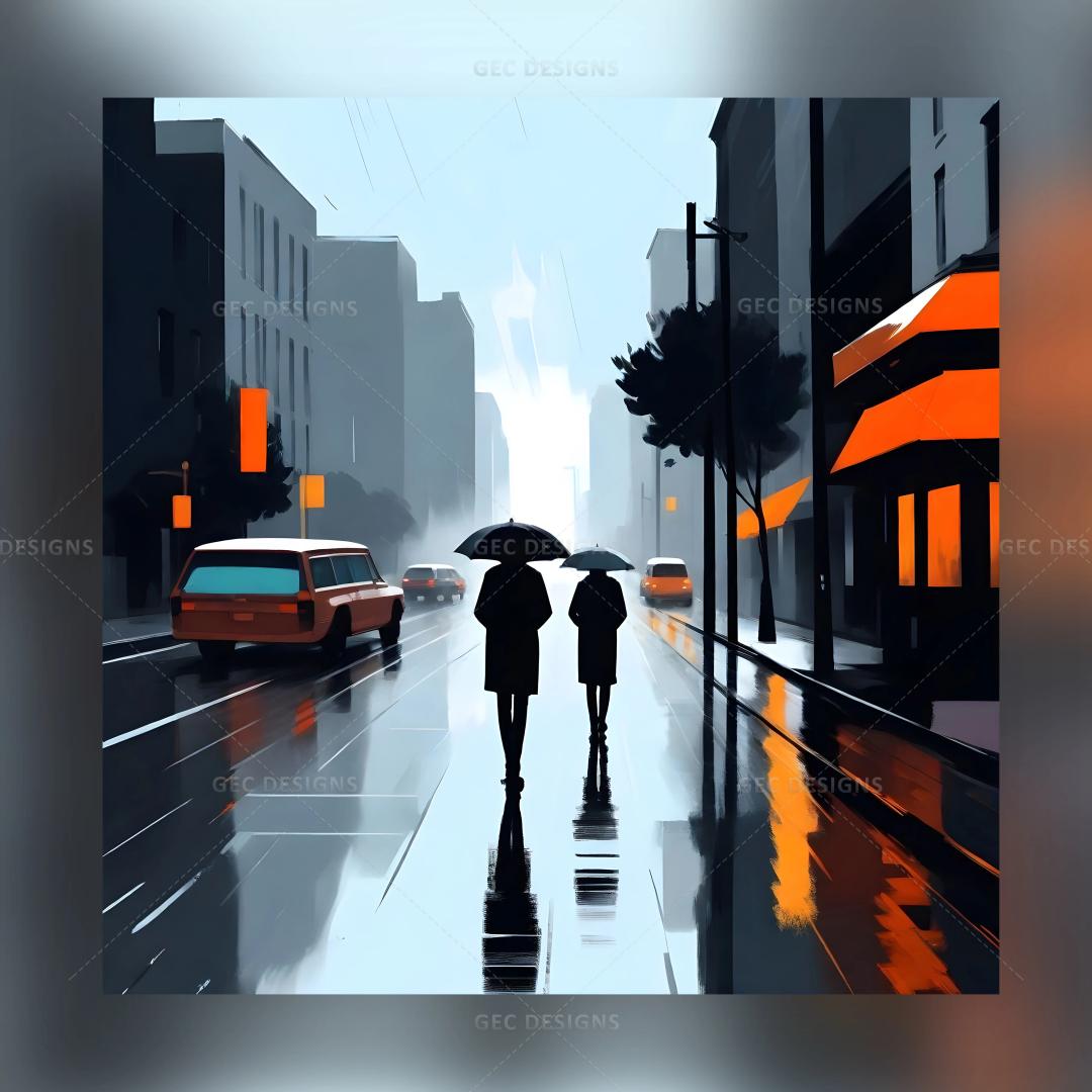 Individuals walking with umbrellas in city street during rainy day digital art wallpaper image