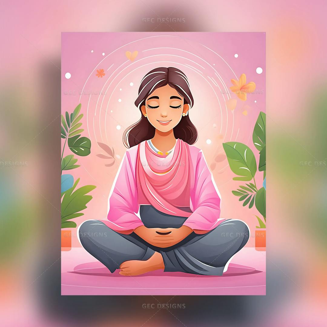 International Yoga Day wallpaper, illustration of woman meditating on a pink background